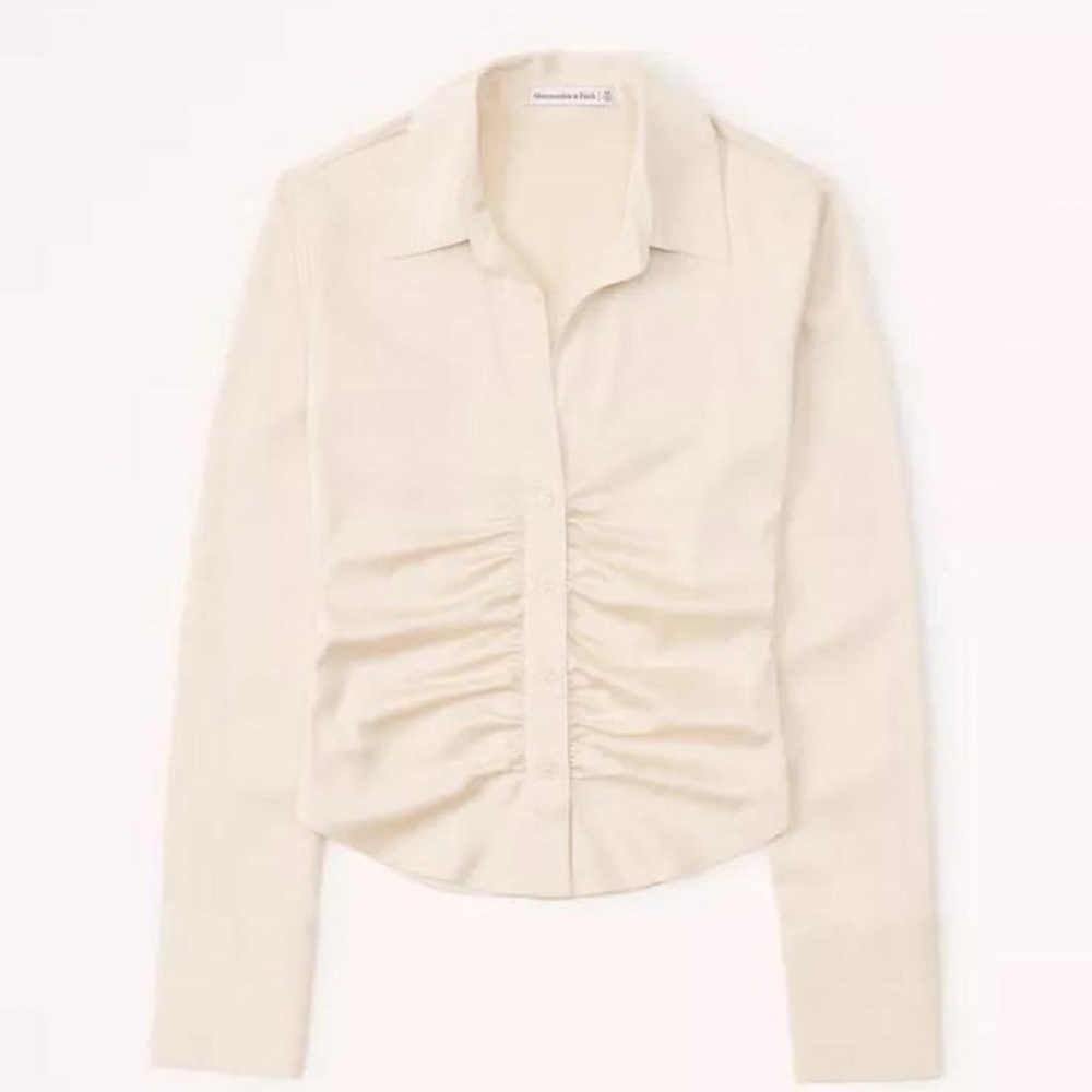 Abercrombie & Fitch Long Sleeve Cream Satin Ruched Button-Up Top